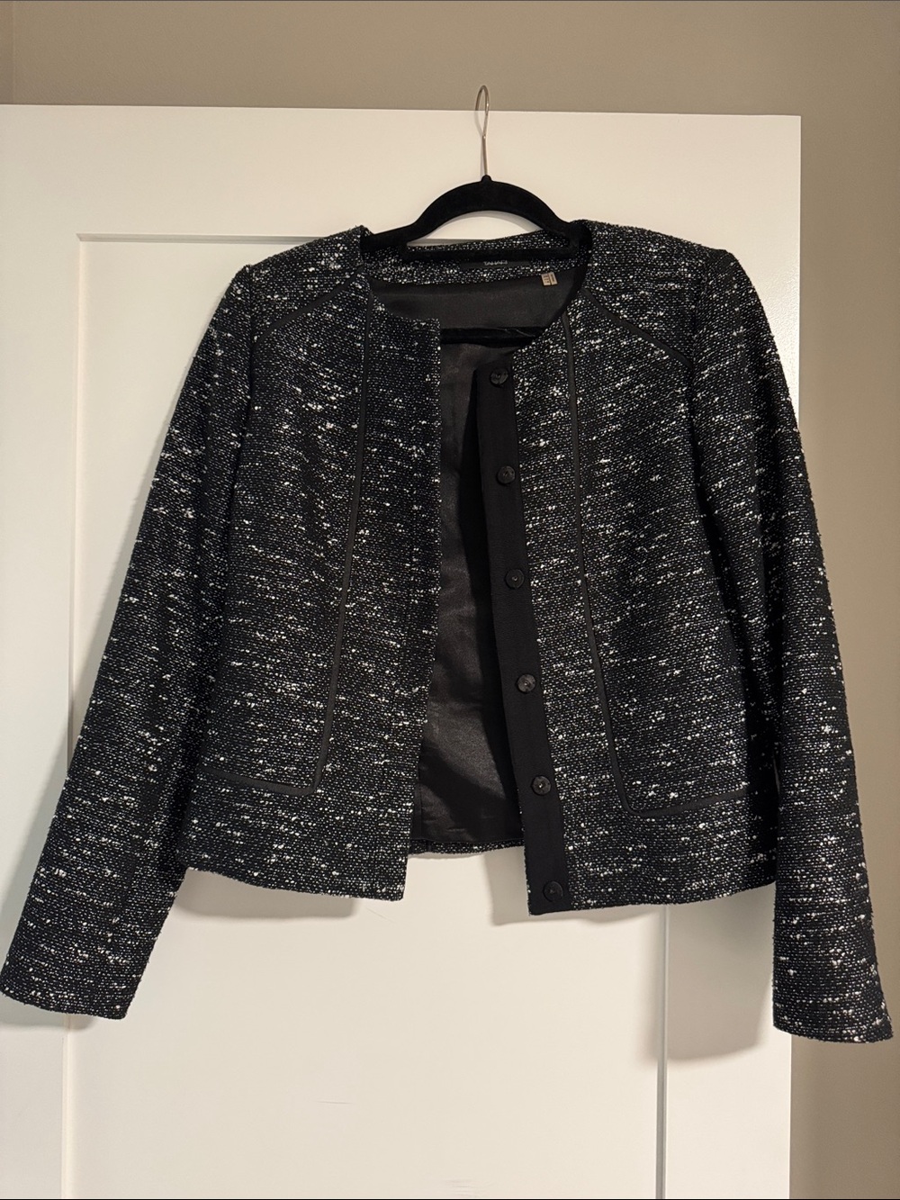 Tahari Black & Silver Tweed Collarless Jacket